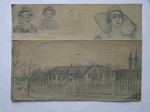 Blatt mit Bleistiftzeichnungen, oben Personen nach Bildvorlagen, unten Haus 10 von Nordwest mit Anstaltsgrenze, datiert 27.04.1932, signiert Fr. Luger (Sammlung Vierzigmann | medbo)